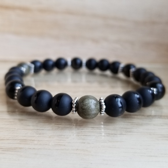 Gold Obsidian & Onyx Beaded Stretch Bracelet - Picture 2 of 6